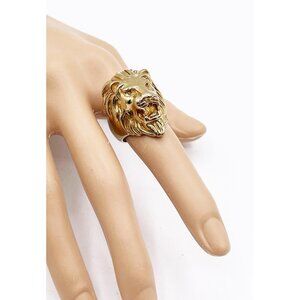 Loren Hope Gold Tone Lion Head Ring Signed Stainless Steel Statement Size 7